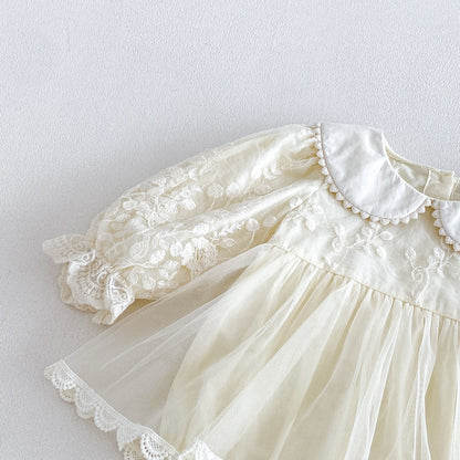 Baby Girls Long Sleeves Flowers Embroidered Pattern Tulle Lace Trim Onesies Dress