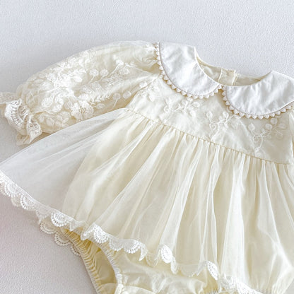 Baby Girls Long Sleeves Flowers Embroidered Pattern Tulle Lace Trim Onesies Dress