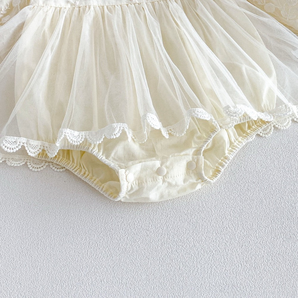 Baby Girls Long Sleeves Flowers Embroidered Pattern Tulle Lace Trim Onesies Dress