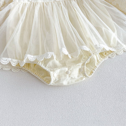 Baby Girls Long Sleeves Flowers Embroidered Pattern Tulle Lace Trim Onesies Dress