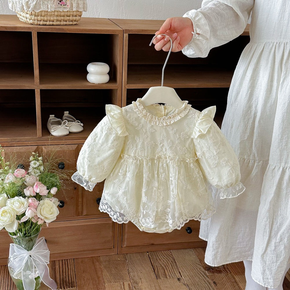 Baby Girls Long Sleeves Flowers Embroidered Pattern Lace Trim Onesies Dress