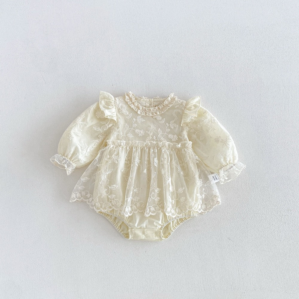 Baby Girls Long Sleeves Flowers Embroidered Pattern Lace Trim Onesies Dress