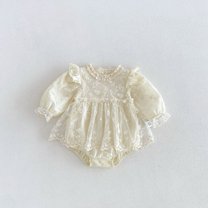 Baby Girls Long Sleeves Flowers Embroidered Pattern Lace Trim Onesies Dress