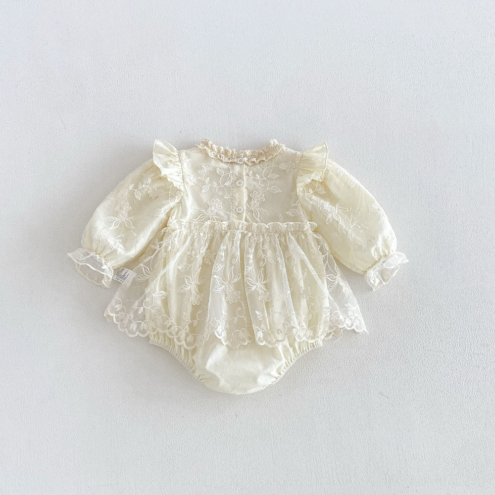 Baby Girls Long Sleeves Flowers Embroidered Pattern Lace Trim Onesies Dress