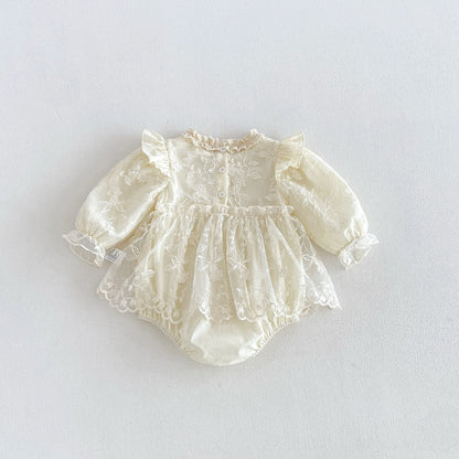 Baby Girls Long Sleeves Flowers Embroidered Pattern Lace Trim Onesies Dress