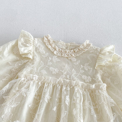 Baby Girls Long Sleeves Flowers Embroidered Pattern Lace Trim Onesies Dress