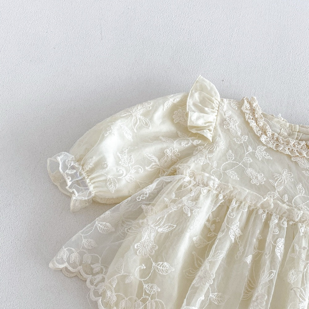 Baby Girls Long Sleeves Flowers Embroidered Pattern Lace Trim Onesies Dress