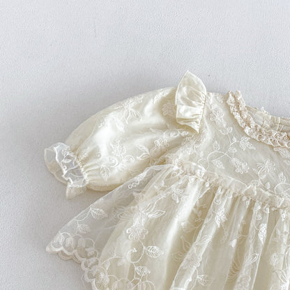 Baby Girls Long Sleeves Flowers Embroidered Pattern Lace Trim Onesies Dress