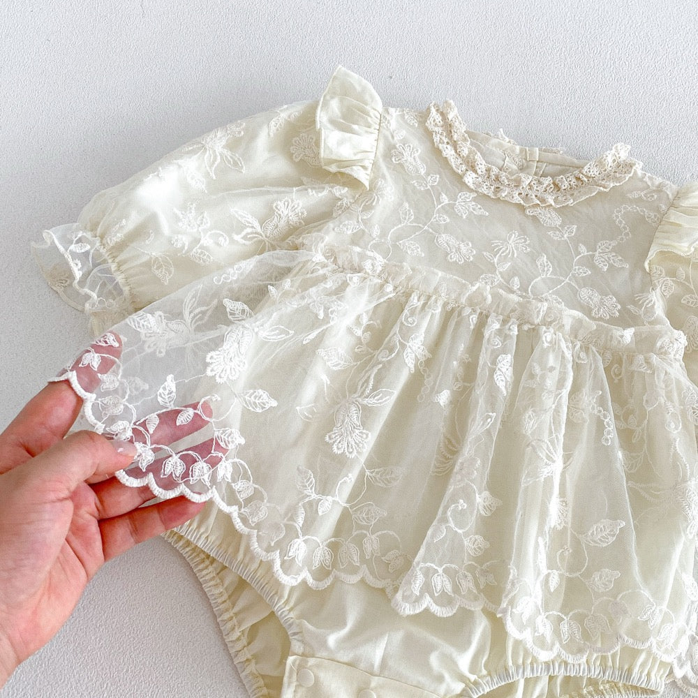Baby Girls Long Sleeves Flowers Embroidered Pattern Lace Trim Onesies Dress
