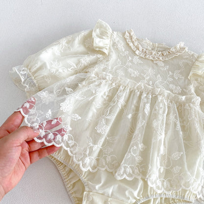 Baby Girls Long Sleeves Flowers Embroidered Pattern Lace Trim Onesies Dress