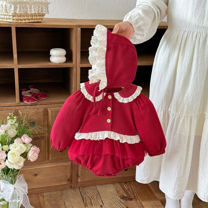 Baby Girls Long Sleeves Hollow-out Lace Trim Onesies with Hat
