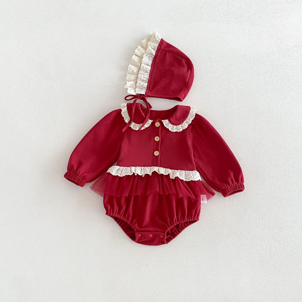 Baby Girls Long Sleeves Hollow-out Lace Trim Onesies with Hat