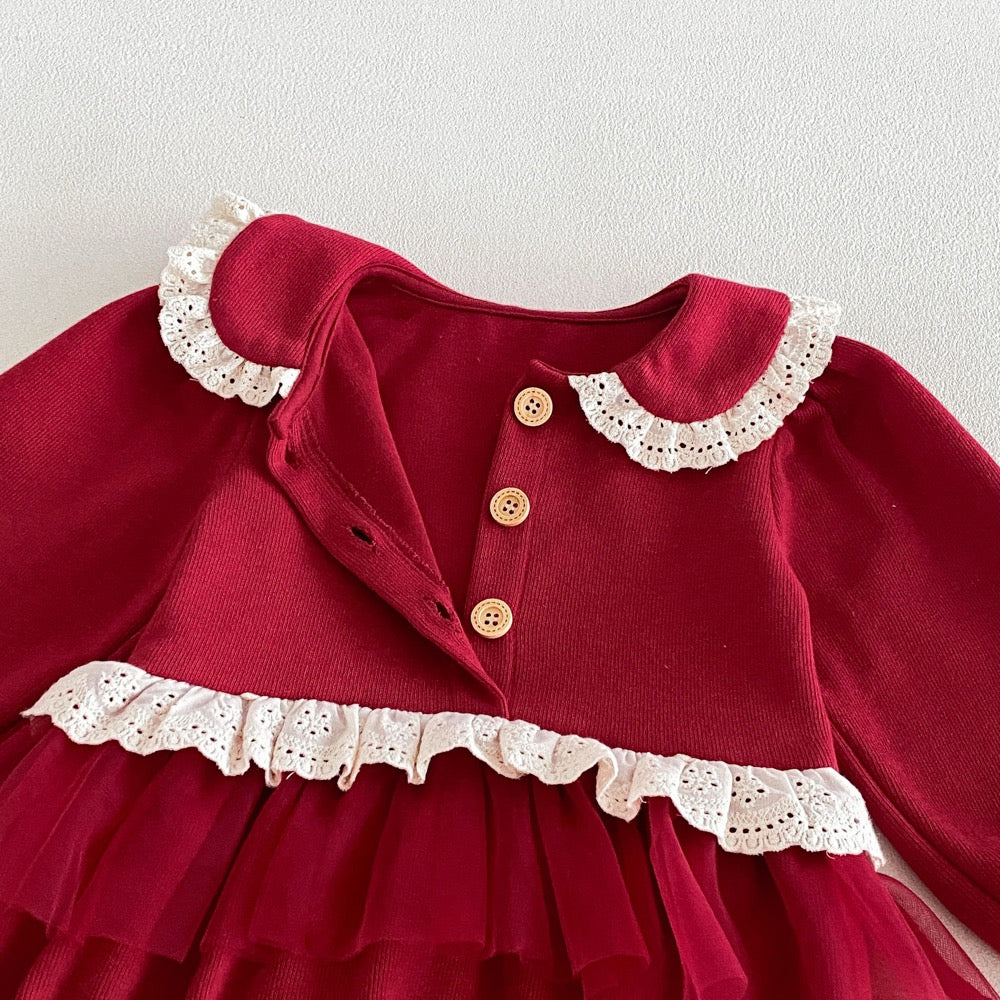 Baby Girls Long Sleeves Hollow-out Lace Trim Onesies with Hat