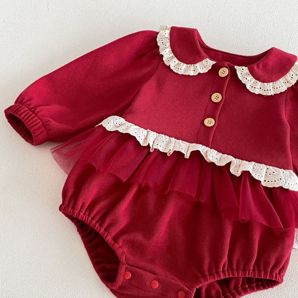 Baby Girls Long Sleeves Hollow-out Lace Trim Onesies with Hat