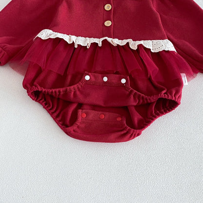 Baby Girls Long Sleeves Hollow-out Lace Trim Onesies with Hat