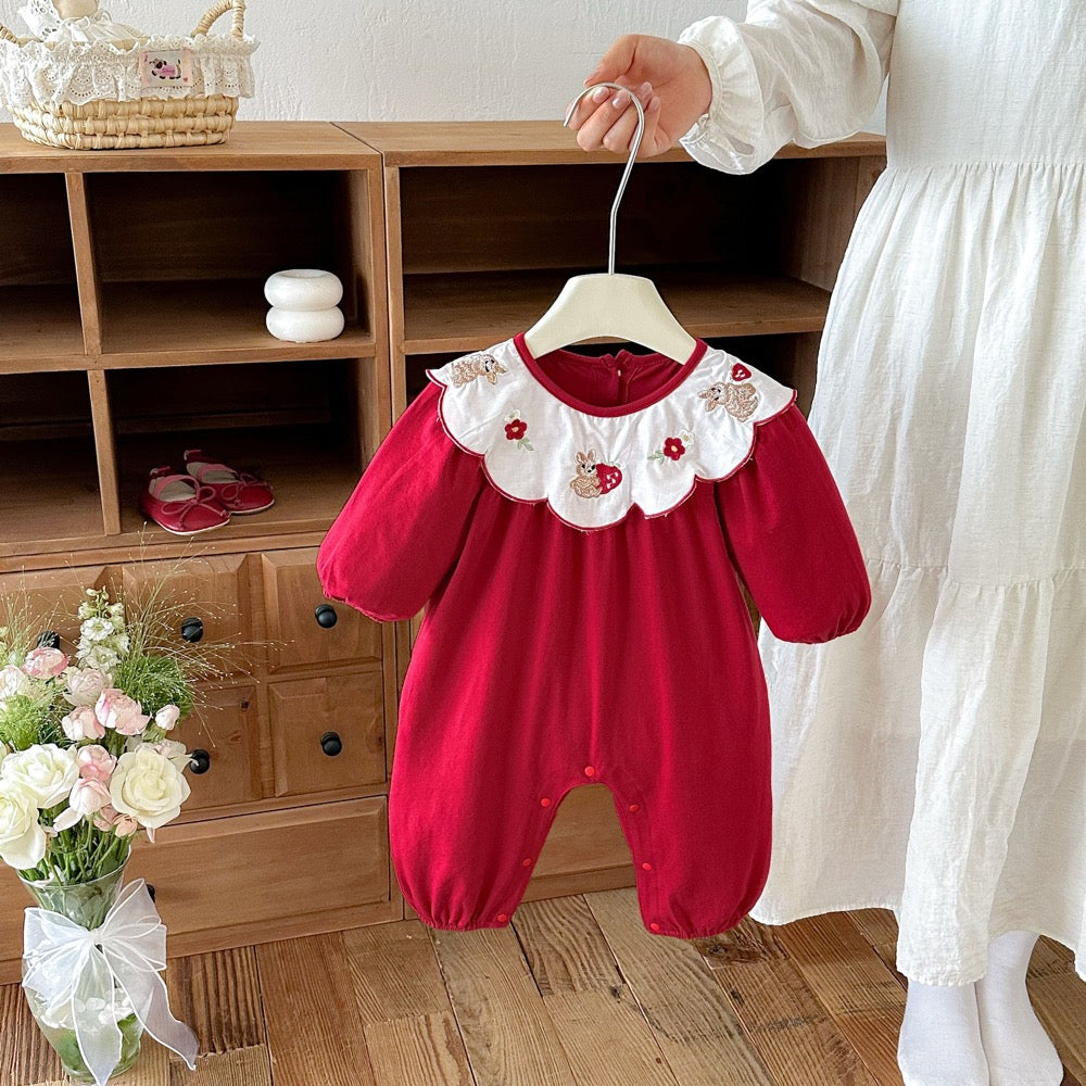 Baby Girls Long Sleeves Rabbits and Flowers Embroidered Collar Romper