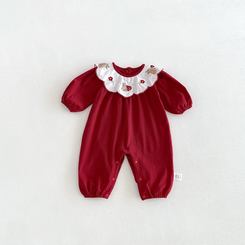 Baby Girls Long Sleeves Rabbits and Flowers Embroidered Collar Romper