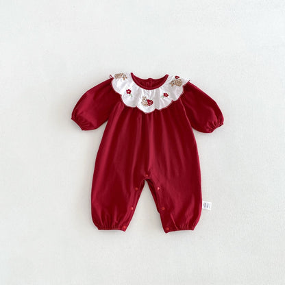 Baby Girls Long Sleeves Rabbits and Flowers Embroidered Collar Romper