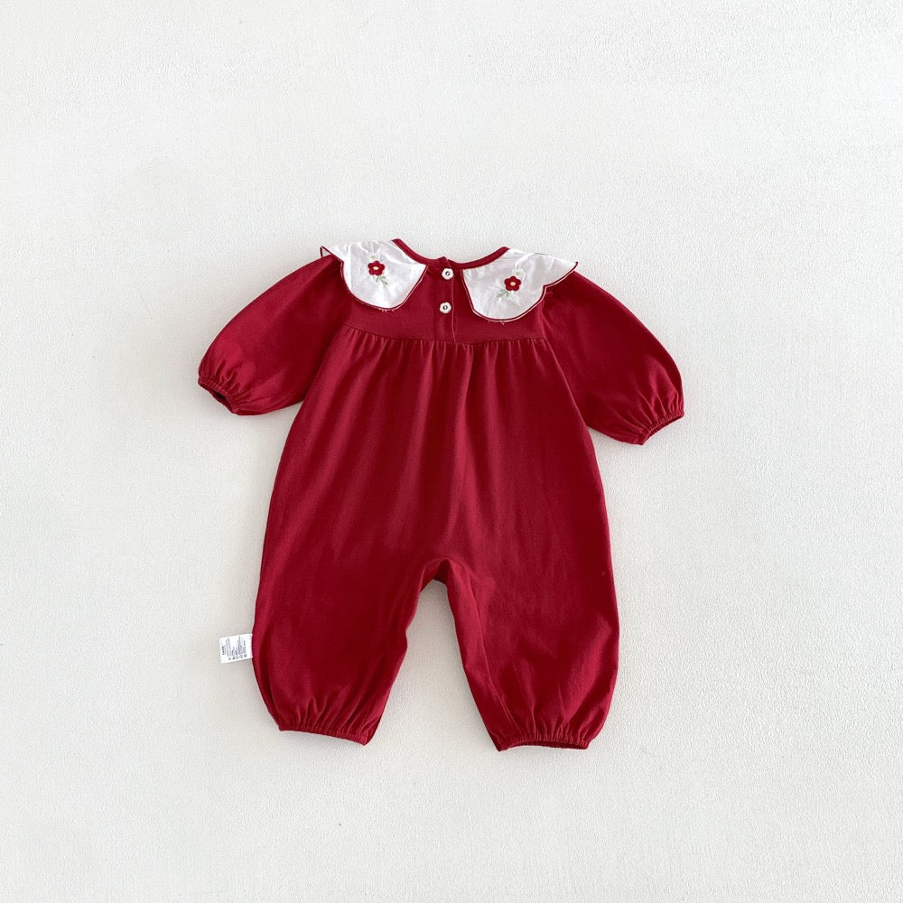 Baby Girls Long Sleeves Rabbits and Flowers Embroidered Collar Romper