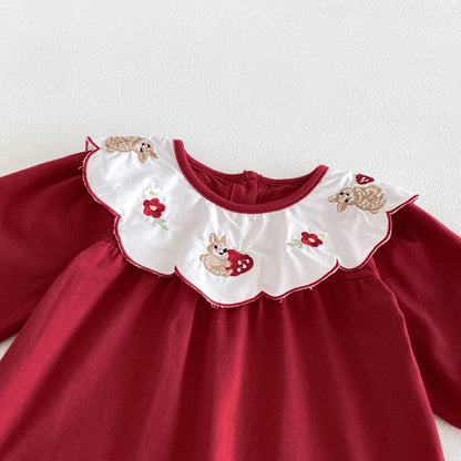 Baby Girls Long Sleeves Rabbits and Flowers Embroidered Collar Romper