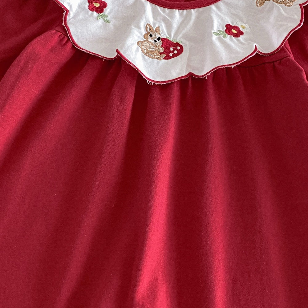 Baby Girls Long Sleeves Rabbits and Flowers Embroidered Collar Romper