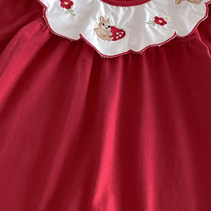 Baby Girls Long Sleeves Rabbits and Flowers Embroidered Collar Romper