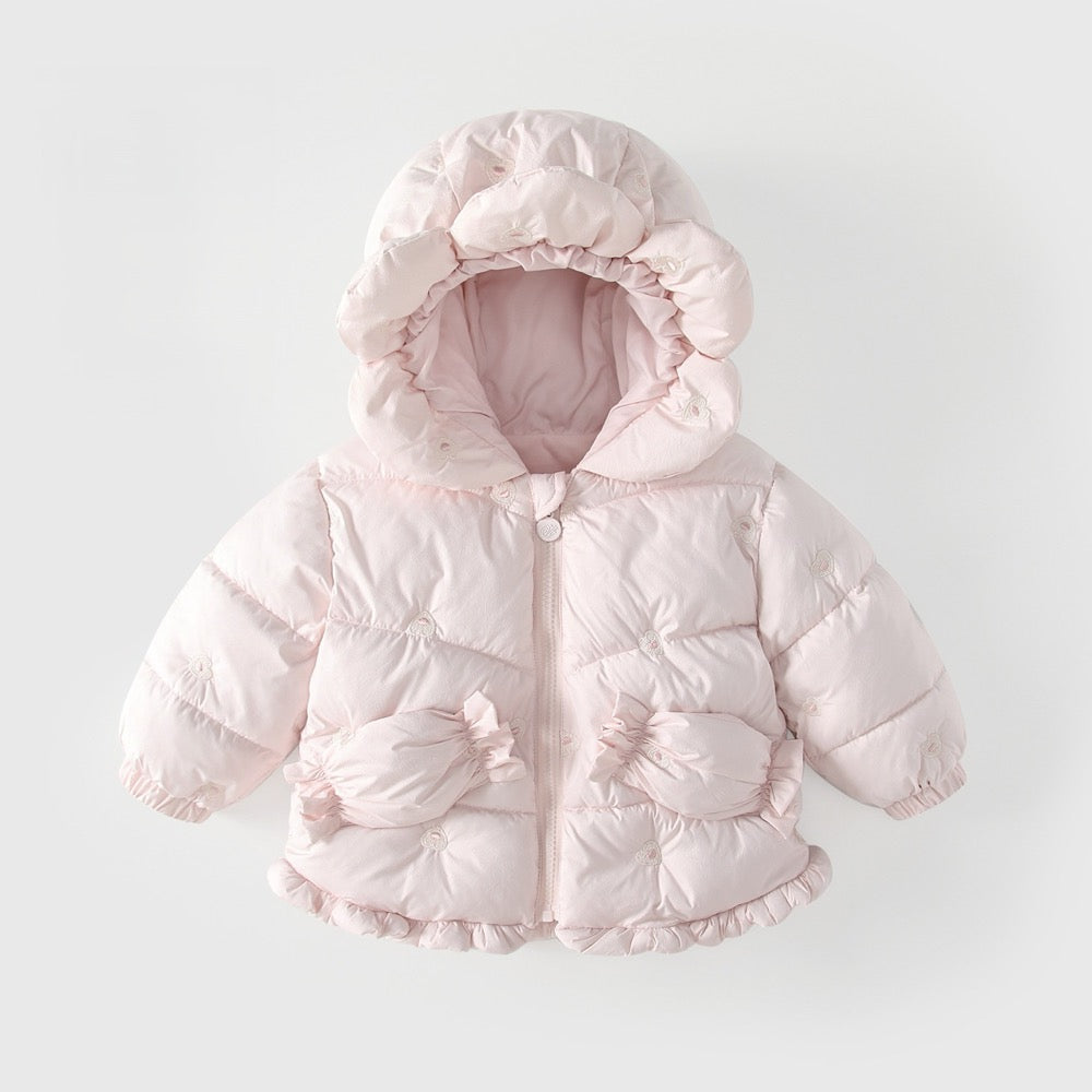 Girls' Butterfly-bows Decorated Pink Cotton-Padded Zip-up Coat
