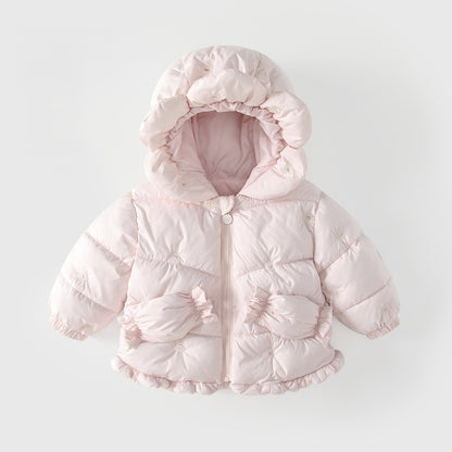 Girls' Butterfly-bows Decorated Pink Cotton-Padded Zip-up Coat