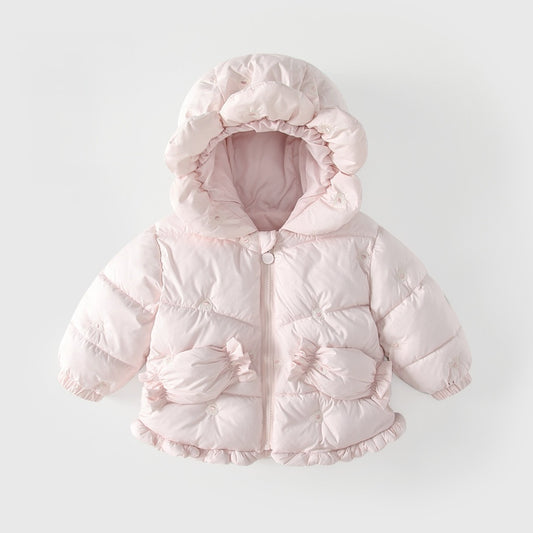 Girls' Butterfly-bows Decorated Pink Cotton-Padded Zip-up Coat