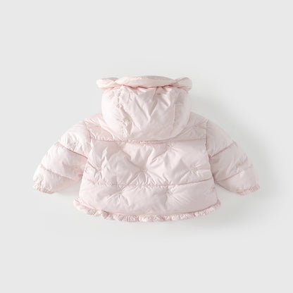Girls' Butterfly-bows Decorated Pink Cotton-Padded Zip-up Coat
