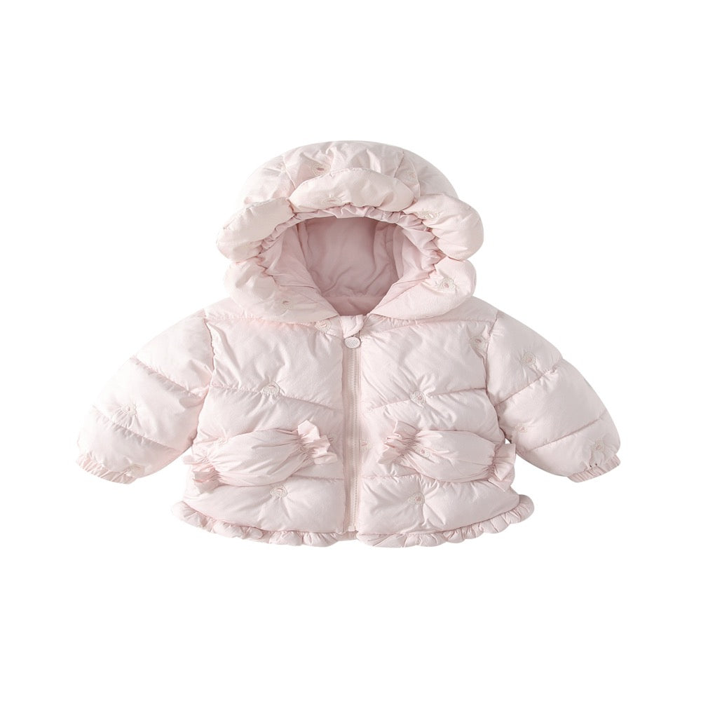 Girls' Butterfly-bows Decorated Pink Cotton-Padded Zip-up Coat