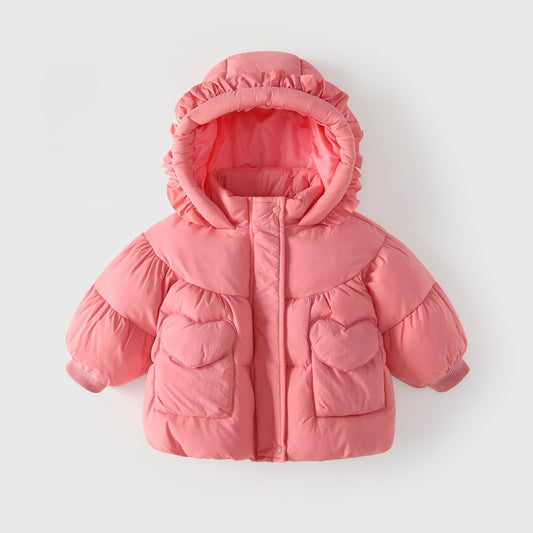 Girls' Solid Color Pink Cotton-Padded Coat