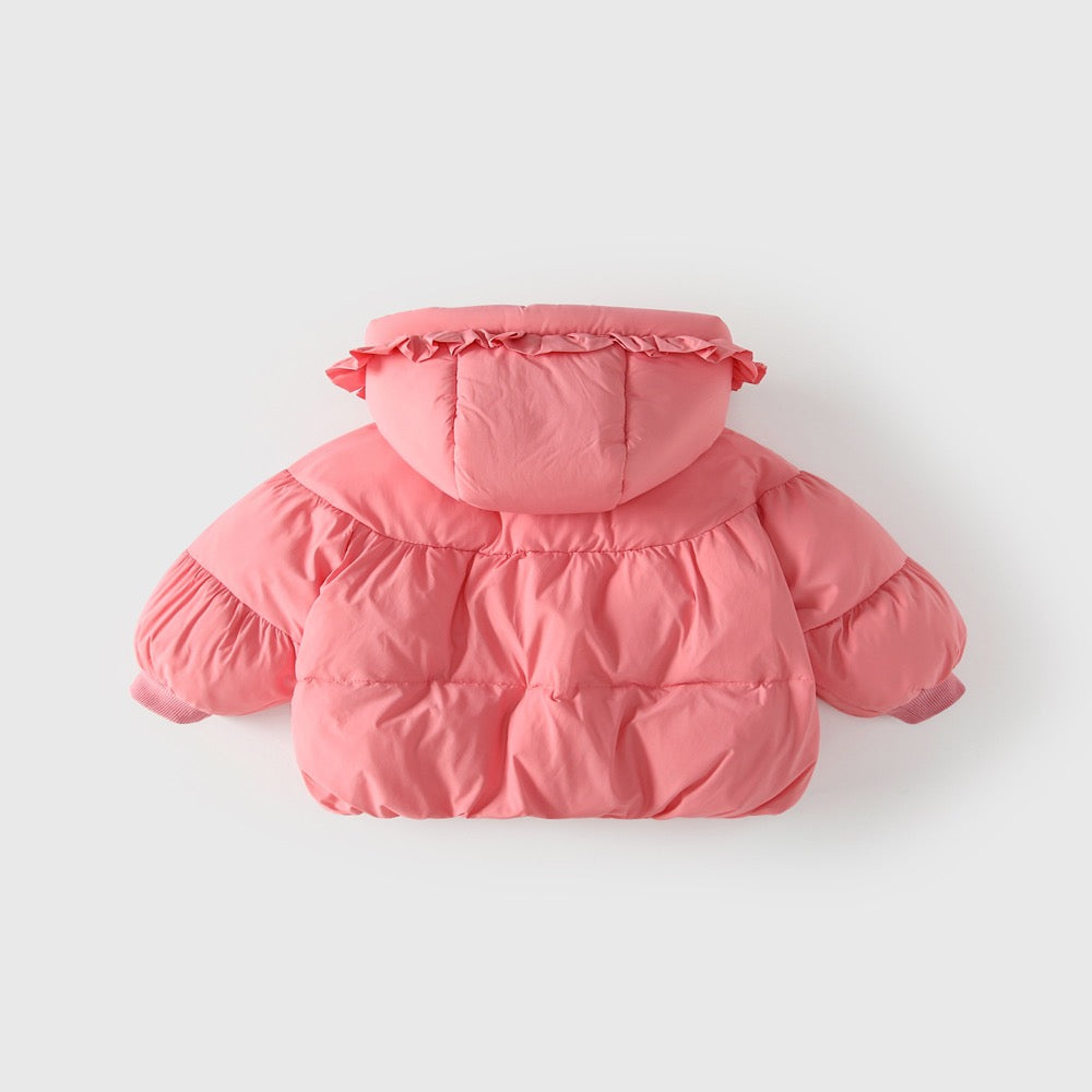 Girls' Solid Color Pink Cotton-Padded Coat