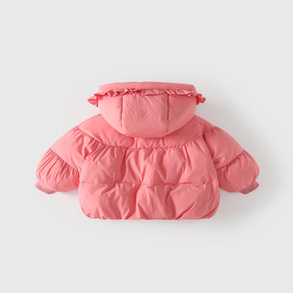 Girls' Solid Color Pink Cotton-Padded Coat