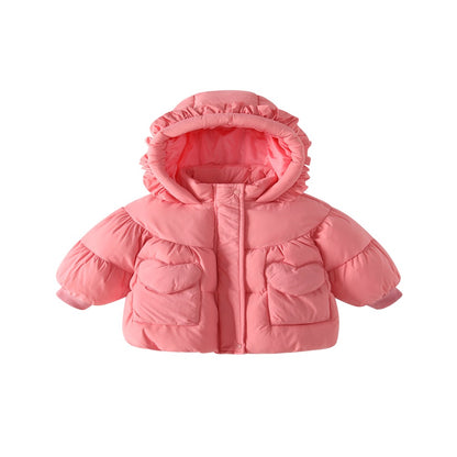 Girls' Solid Color Pink Cotton-Padded Coat