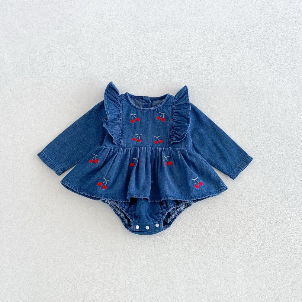 Baby Girls Long Sleeves Cherry Pattern Embroidered Denim Onesies