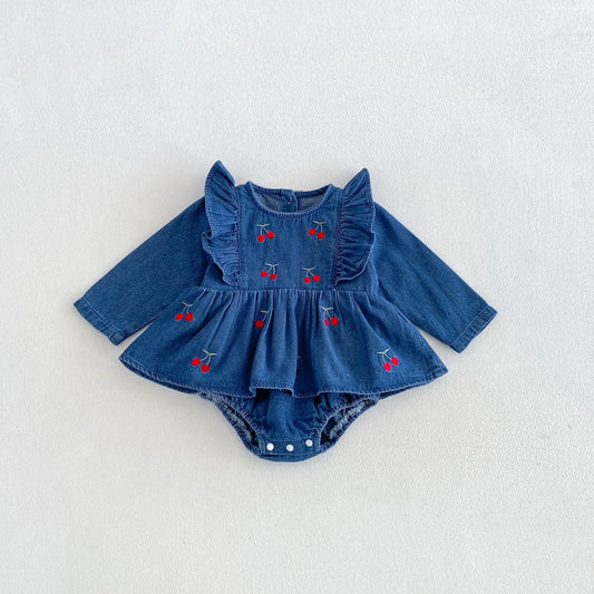 Baby Girls Long Sleeves Cherry Pattern Embroidered Denim Onesies