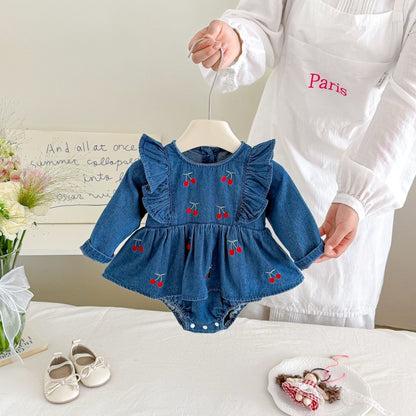 Baby Girls Long Sleeves Cherry Pattern Embroidered Denim Onesies