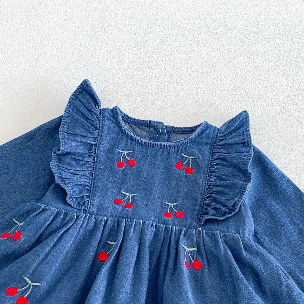 Baby Girls Long Sleeves Cherry Pattern Embroidered Denim Onesies