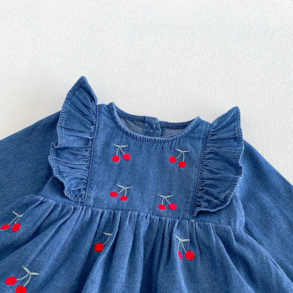 Baby Girls Long Sleeves Cherry Pattern Embroidered Denim Onesies