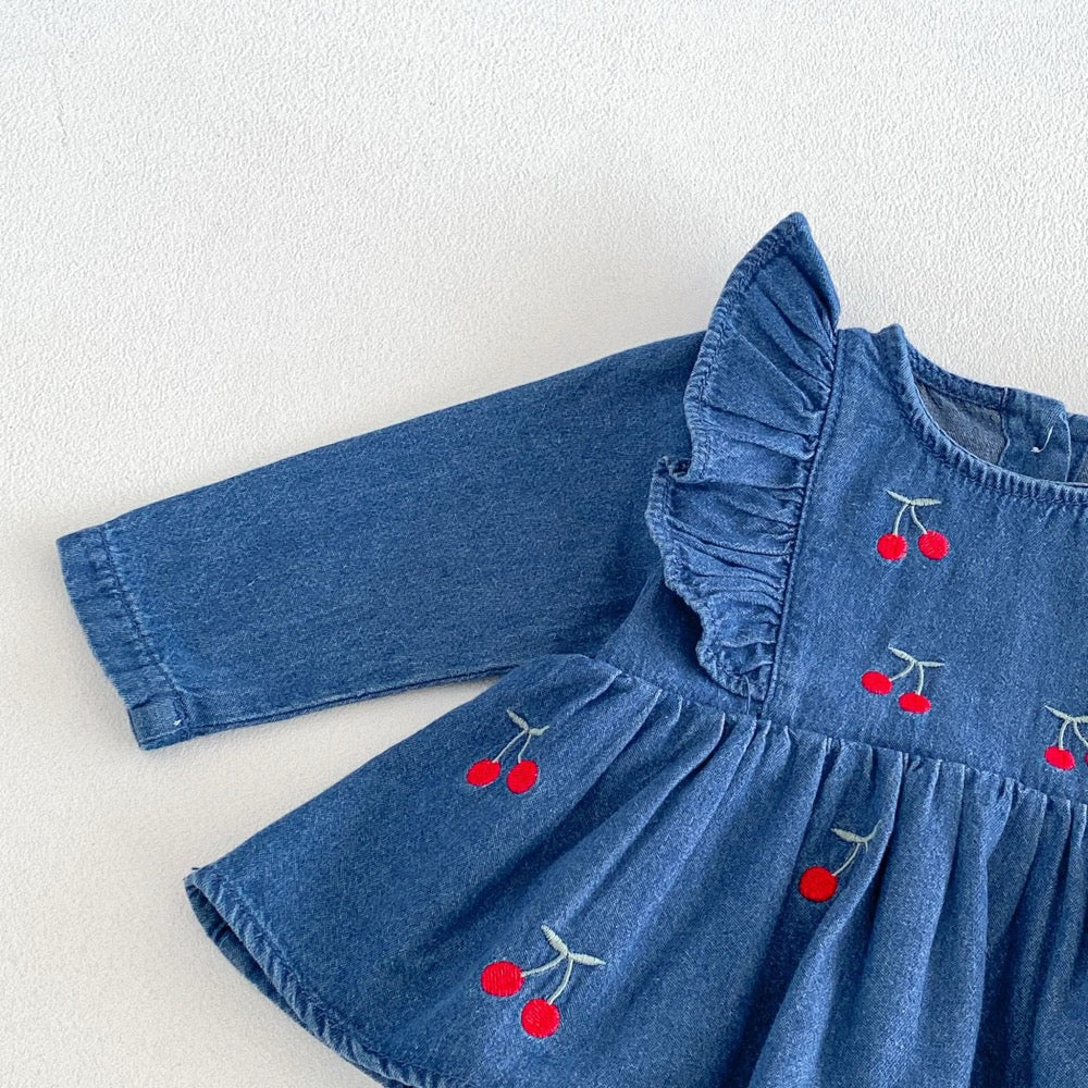 Baby Girls Long Sleeves Cherry Pattern Embroidered Denim Onesies