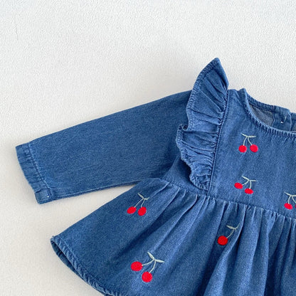 Baby Girls Long Sleeves Cherry Pattern Embroidered Denim Onesies