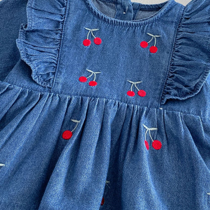 Baby Girls Long Sleeves Cherry Pattern Embroidered Denim Onesies