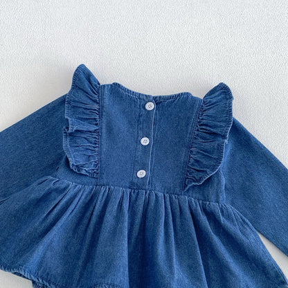 Baby Girls Long Sleeves Cherry Pattern Embroidered Denim Onesies