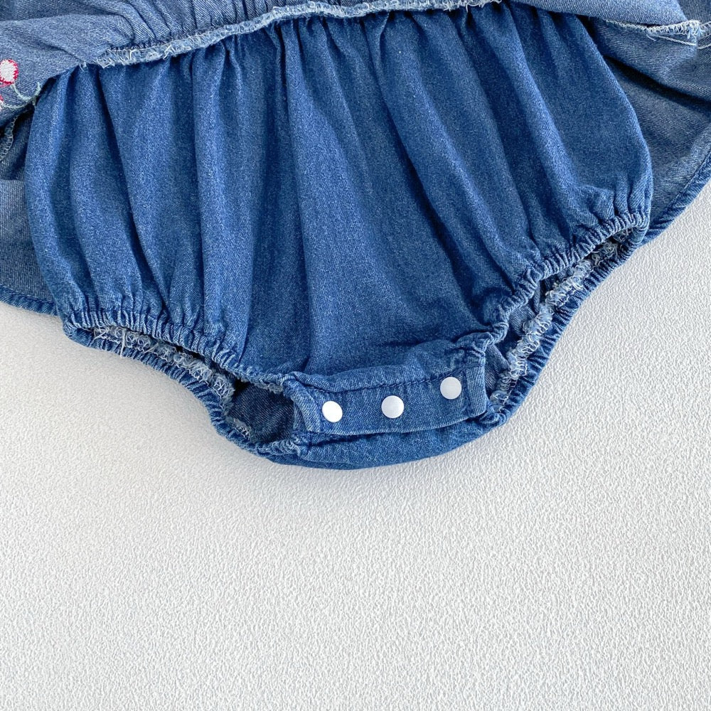 Baby Girls Long Sleeves Cherry Pattern Embroidered Denim Onesies