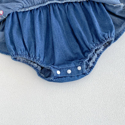 Baby Girls Long Sleeves Cherry Pattern Embroidered Denim Onesies