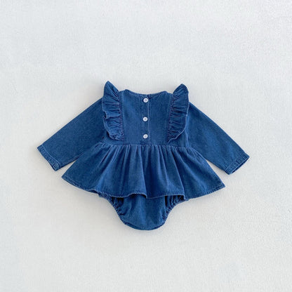 Baby Girls Long Sleeves Cherry Pattern Embroidered Denim Onesies