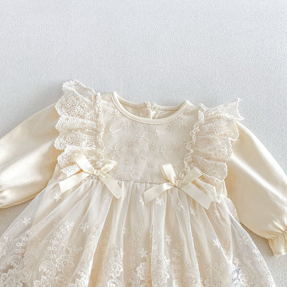 Baby Girls Long Sleeves Flowers Pattern Embroidered Onesies
