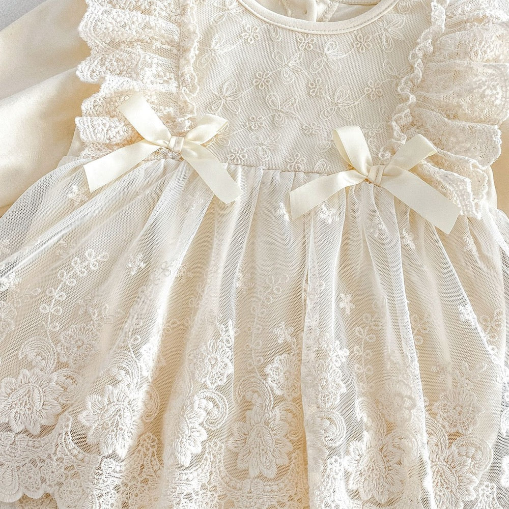 Baby Girls Long Sleeves Flowers Pattern Embroidered Onesies