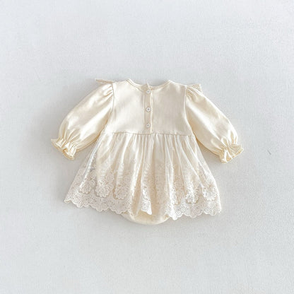 Baby Girls Long Sleeves Flowers Pattern Embroidered Onesies